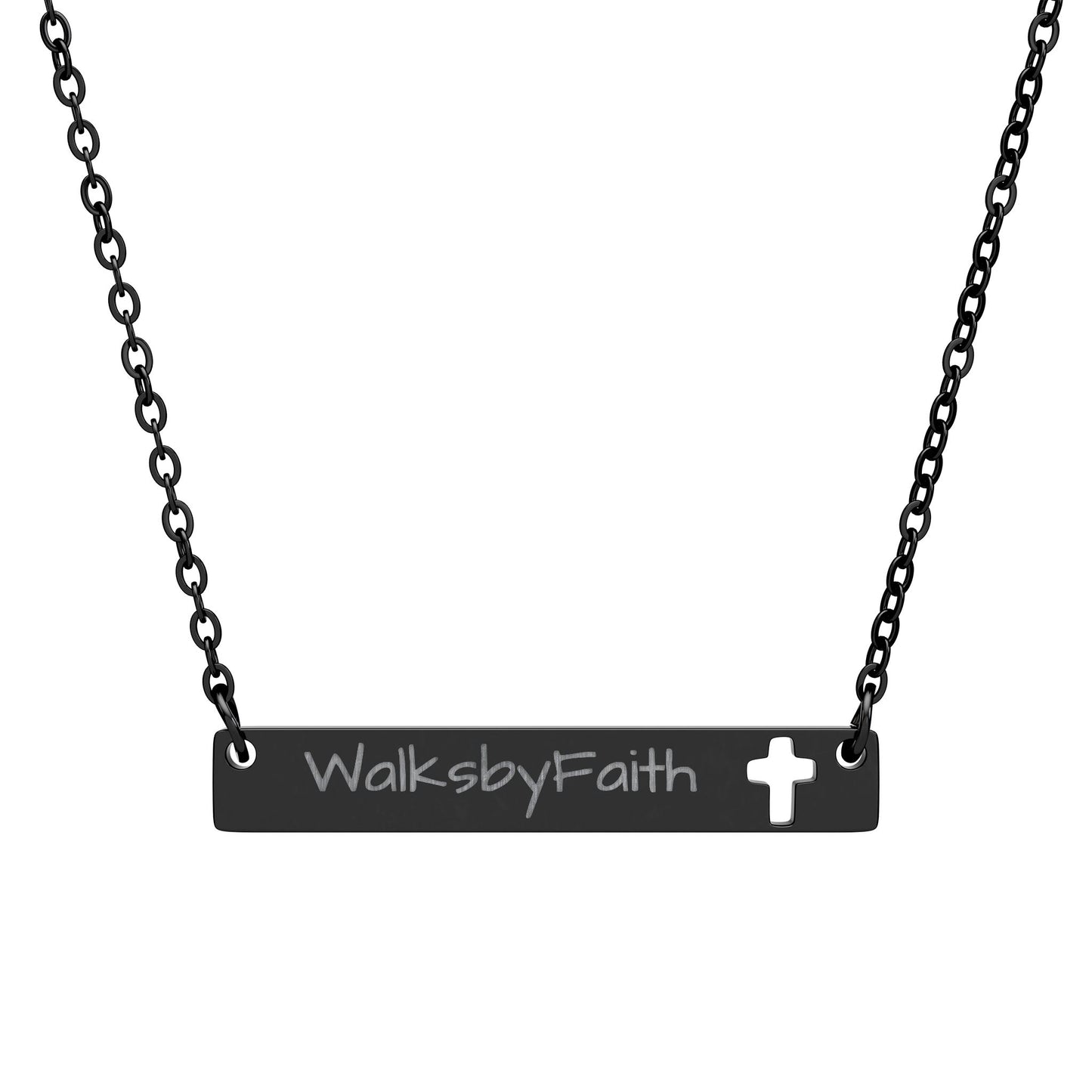 Cutout Cross Bar Necklace — "Walk by Faith" Engraved Christian Pendant