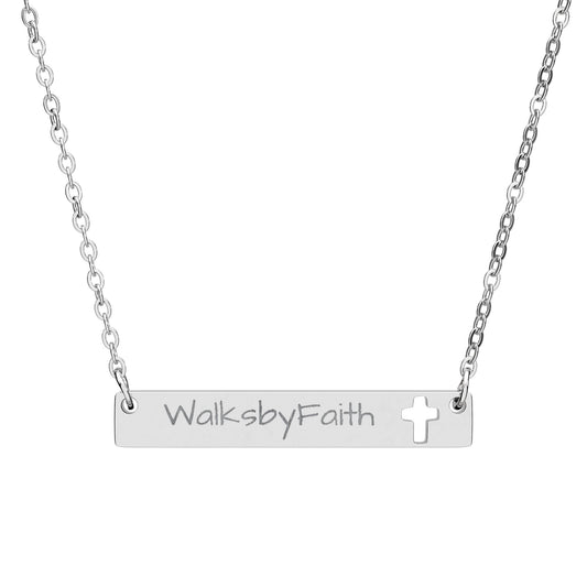 Cutout Cross Bar Necklace — "Walk by Faith" Engraved Christian Pendant