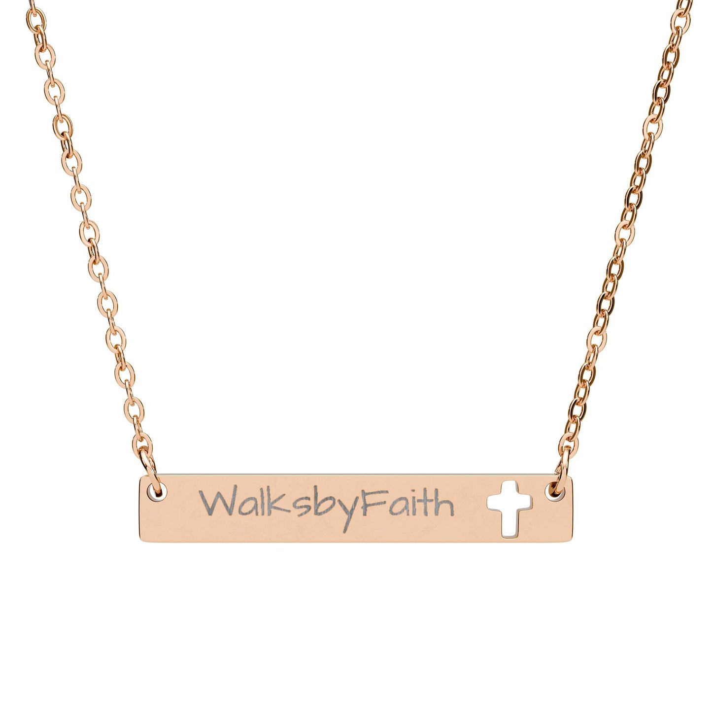 Cutout Cross Bar Necklace — "Walk by Faith" Engraved Christian Pendant